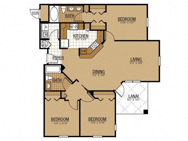 Floor plan for 3 beds, 2 baths, 1276 sqft